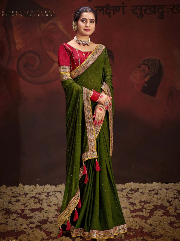 Olive Green Vichitra Silk Embroidered Saree